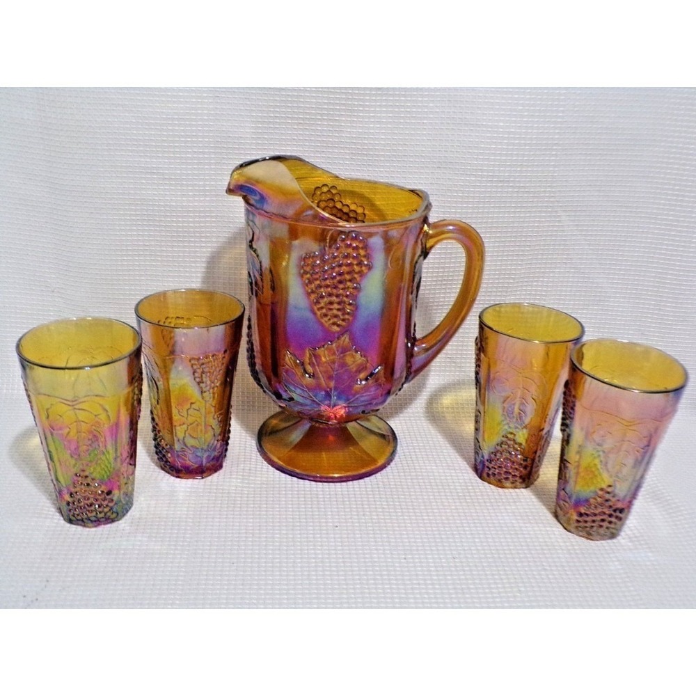 Vintage Indiana Glass Iridescent Marigold Harvest Grape 4 Glasses & 64oz Pitcher